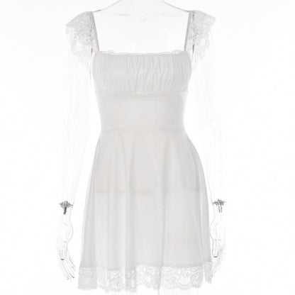 Square Neck Ruched Lace Strap Lace Hem Zip Mini Dress