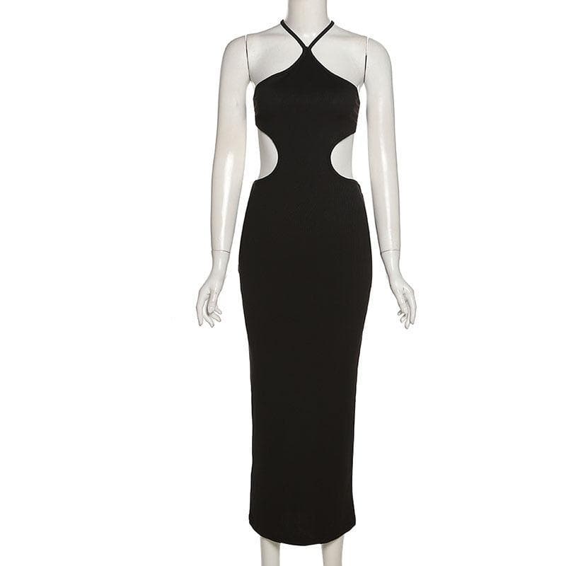 Halter Cutout Open Back Rib Knit Midi Dress