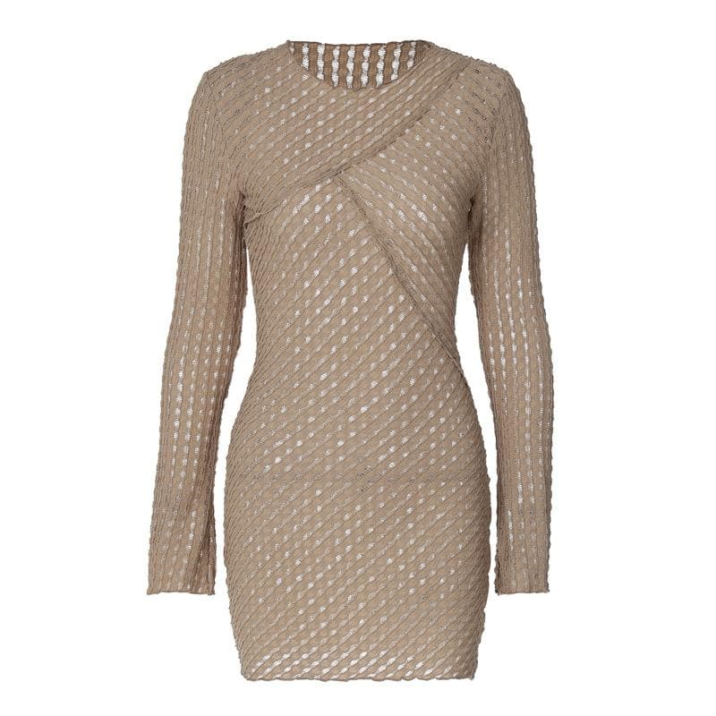 Textured Knit Crisscross Neck Long Sleeve Lettuce Hem Mini Dress