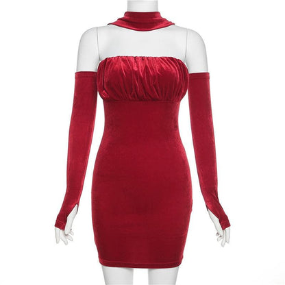 Strapless Ruched Choker Gloves Sleeve Bodycon Mini Dress