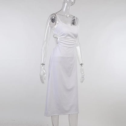 Spaghetti Strap Side Cutout Ruched Tie Back Satin Column Maxi Dress