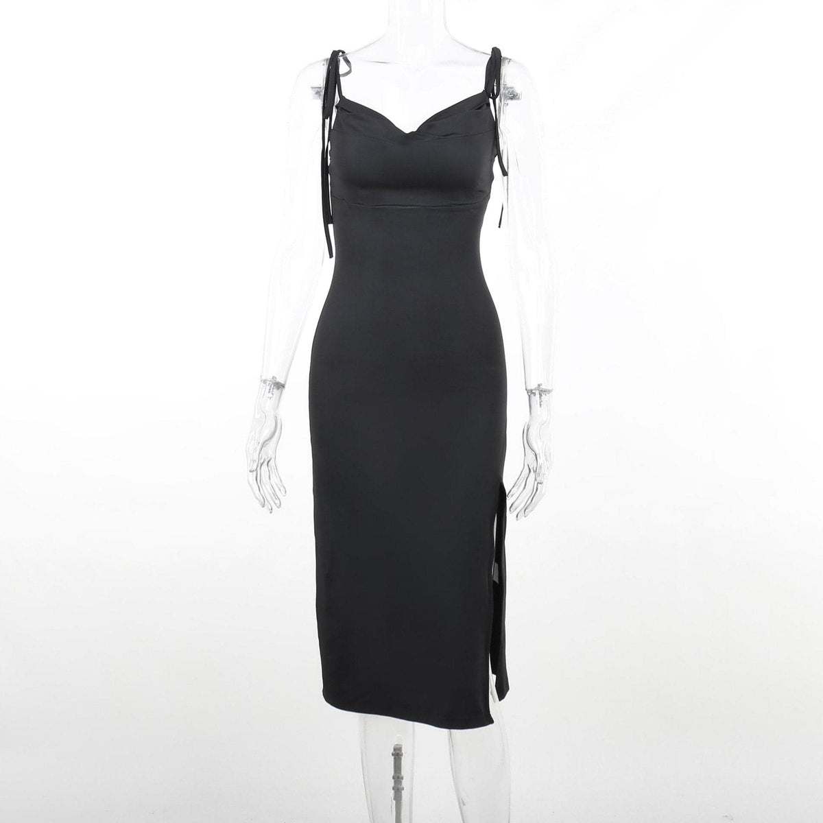 Cowl Neck Self Tie Spaghetti Strap Side Slit Bodycon Midi Dress