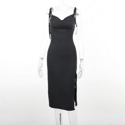 Cowl Neck Self Tie Spaghetti Strap Side Slit Bodycon Midi Dress