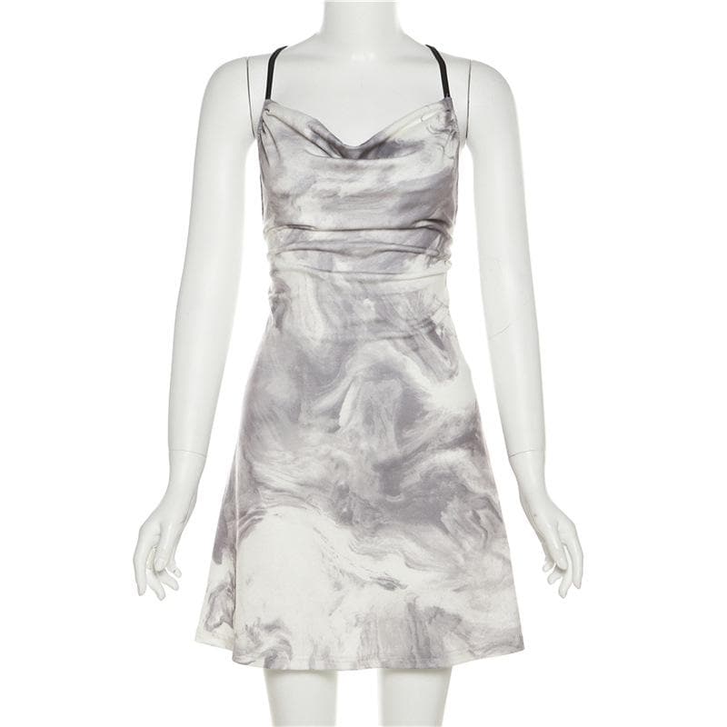 Marble Tie Dye Print Cowl Neck Spaghetti Strap Side Ruched Cami Mini Dress