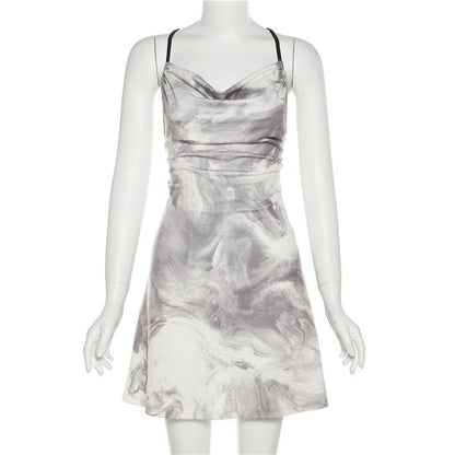 Marble Tie Dye Print Cowl Neck Spaghetti Strap Side Ruched Cami Mini Dress