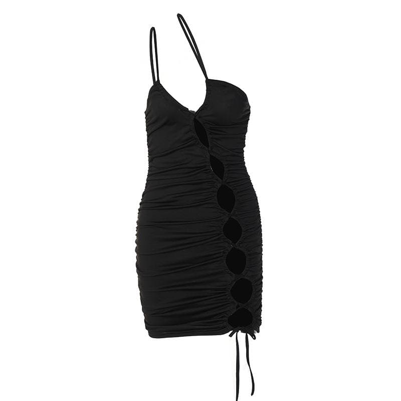 Spaghetti Strap Side Ladder Cutout Ruched Drawstring Bodycon Mini Dress