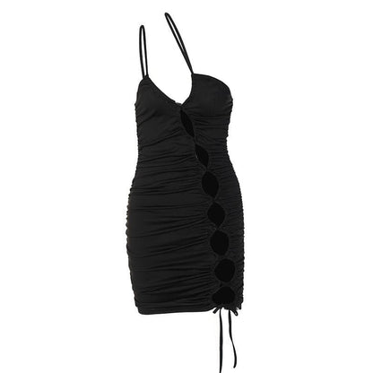 Spaghetti Strap Side Ladder Cutout Ruched Drawstring Bodycon Mini Dress