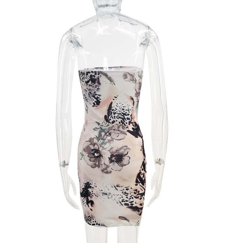 Mixed Floral Print Strapless Tube Bodycon Mini Dress