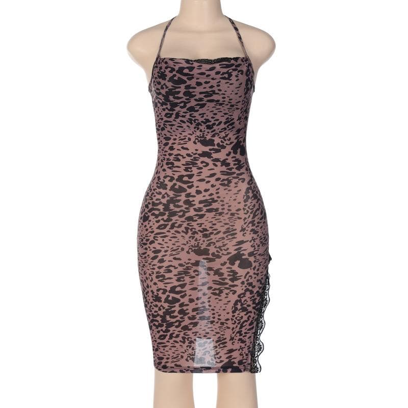 Print Cowl Halter Lace Trim Side Slit Midi Dress