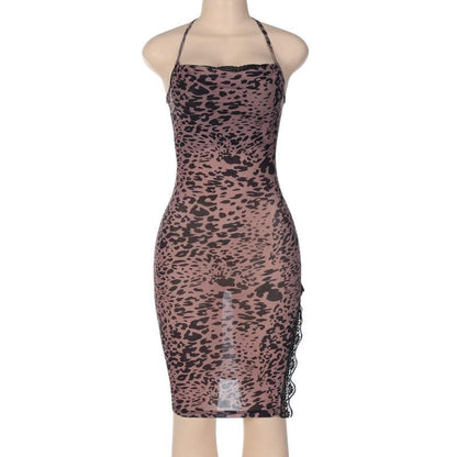 Print Cowl Halter Lace Trim Side Slit Midi Dress