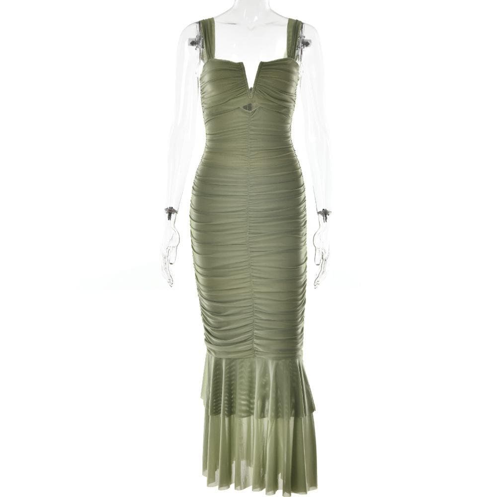Wide Strap Cutout Bust Ruched Bodice Tiered Mesh Ruffle Hem Maxi Dress