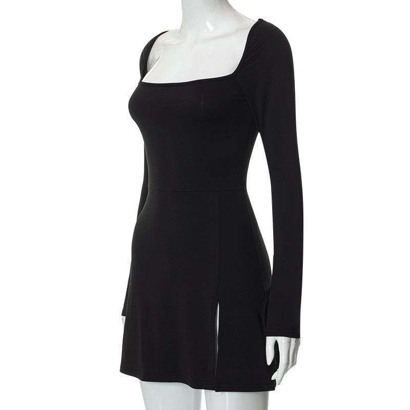 Square Neck Long Sleeve Tie Cuff Front Slit Bodycon Mini Dress