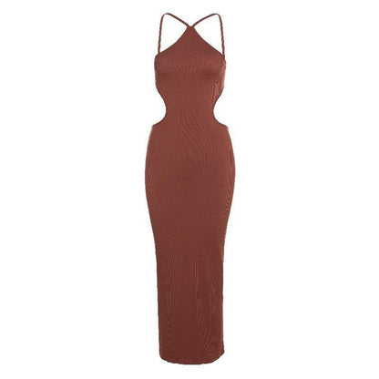 Halter Cutout Open Back Rib Knit Midi Dress