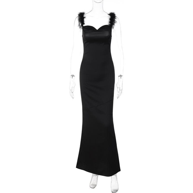 Sweetheart Spaghetti Strap Feather Trim Satin Column Maxi Dress