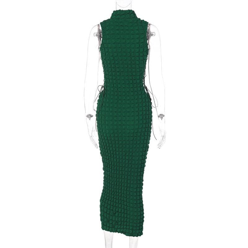Mock Neck Waffle Texture Lace Up Side Cutout Maxi Dress