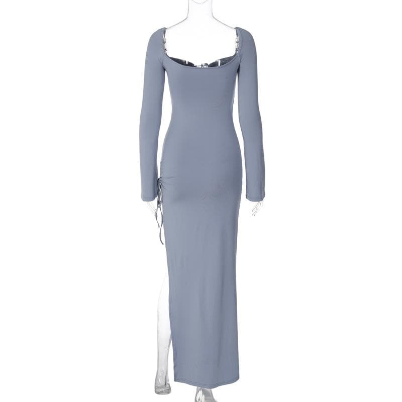Sweetheart Lace-Up Front Ring Drawstring High Slit Long Sleeve Bodycon Maxi Dress