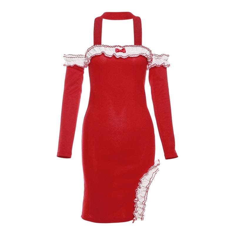 Ruffle Trim Tube Halter Glove Sleeve Irregular Slit Mini Dress