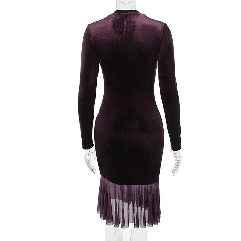 Velvet Hook And Eye Corset Ruffle Hem Long Sleeve Midi Dress