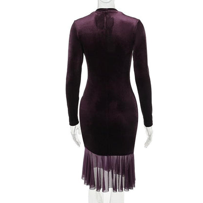Velvet Hook And Eye Corset Ruffle Hem Long Sleeve Midi Dress