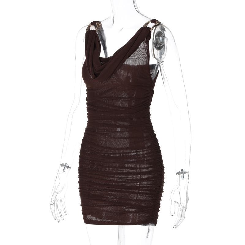 Cowl Neck O-Ring Hardware Strap Ruched Mesh Bodycon Mini Dress