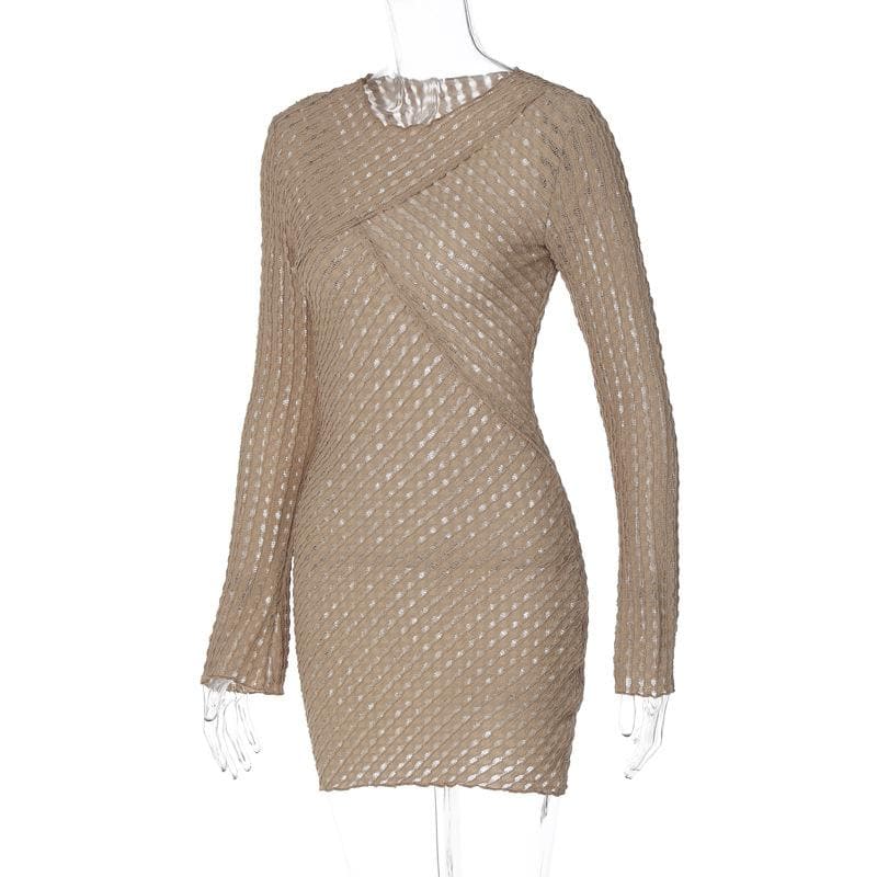 Textured Knit Crisscross Neck Long Sleeve Lettuce Hem Mini Dress