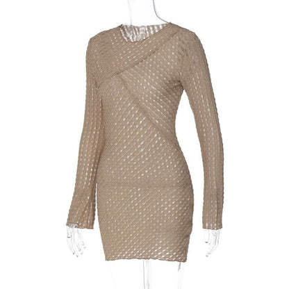 Textured Knit Crisscross Neck Long Sleeve Lettuce Hem Mini Dress