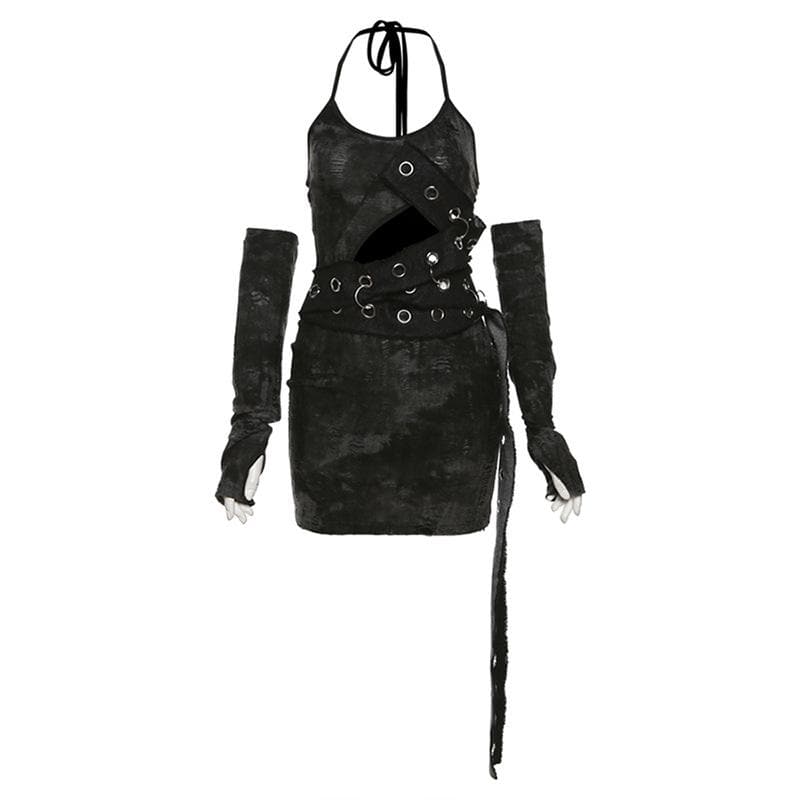 Halter Grommet Criss-Cross Strap Cutout Mini Skirt Set