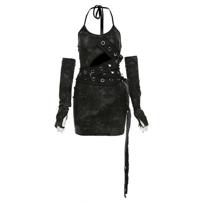 Halter Grommet Criss-Cross Strap Cutout Mini Skirt Set