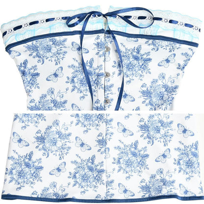 Strapless Lace Trim Bow Tie Butterfly Print Tube Mini Dress