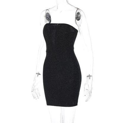 Strapless Deep V Mesh Insert Glitter Bodycon Mini Dress