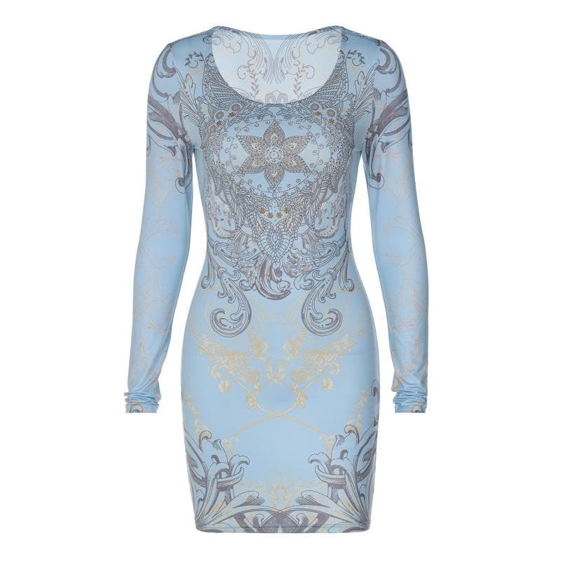 Crew Neck Long Sleeve Mandala Rhinestone Graphic Bodycon Mini Dress