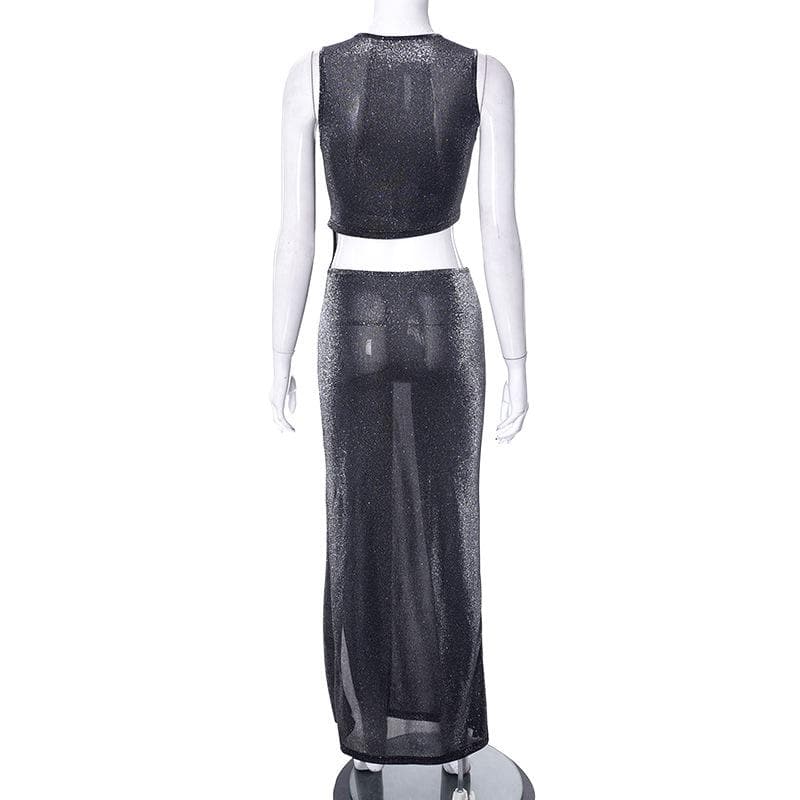 Glitter Asymmetrical Cutout Diagonal Button Sleeveless High Slit Maxi Dress
