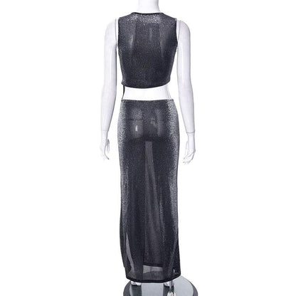Glitter Asymmetrical Cutout Diagonal Button Sleeveless High Slit Maxi Dress