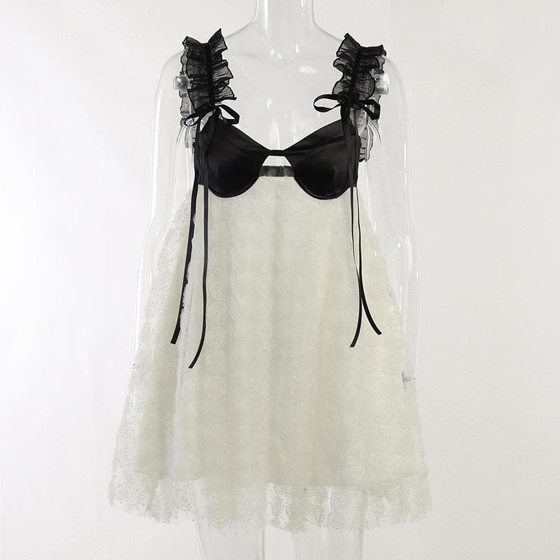 Contrast Bustier Ruffle Strap Babydoll Floral Mesh Mini Dress