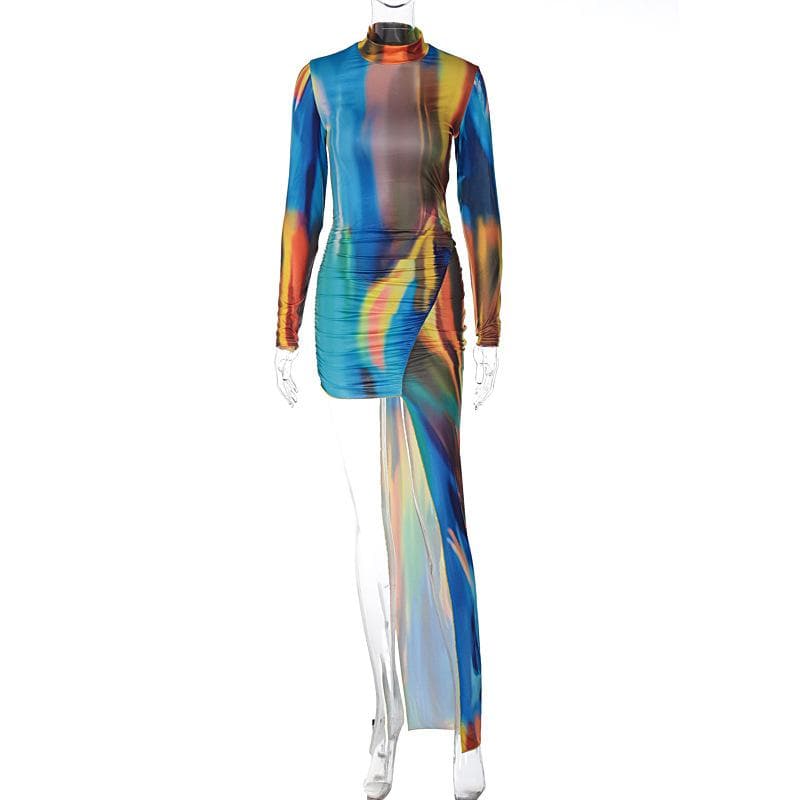 Mock Neck Long Sleeve Aurora Print Ruched Asymmetric Maxi Dress