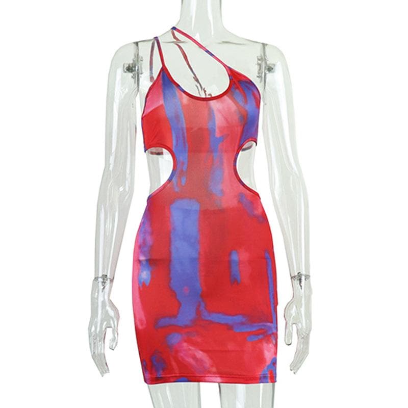 Asymmetrical Strap Oval Waist Cutout Abstract Swirl Print Bodycon Mini Dress