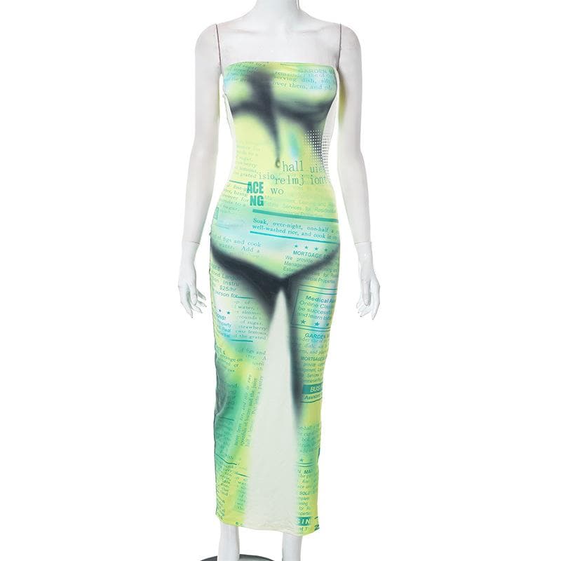 Newspaper Print Strapless Trompe L Oeil Bodycon Maxi Dress