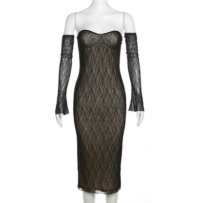 Sweetheart Neck Lace Bustier Tube Midi Dress and Lace Arm Sleeves Set