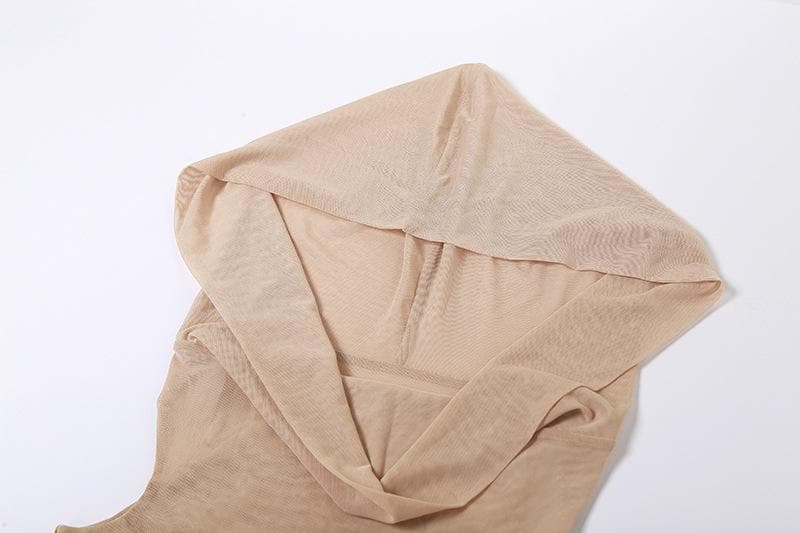 Cowl Neck Sheer Mesh Ruffle Gloves High Slit Maxi Dress