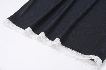 Off Shoulder Lace Trim Ribbon Bow Long Sleeve Ribbed Mini Dress