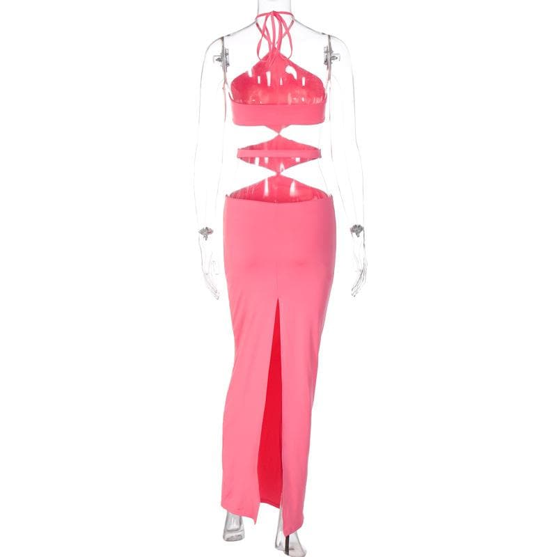 Halter Self Tie Diamond Cutout Waist Bodycon Maxi Dress
