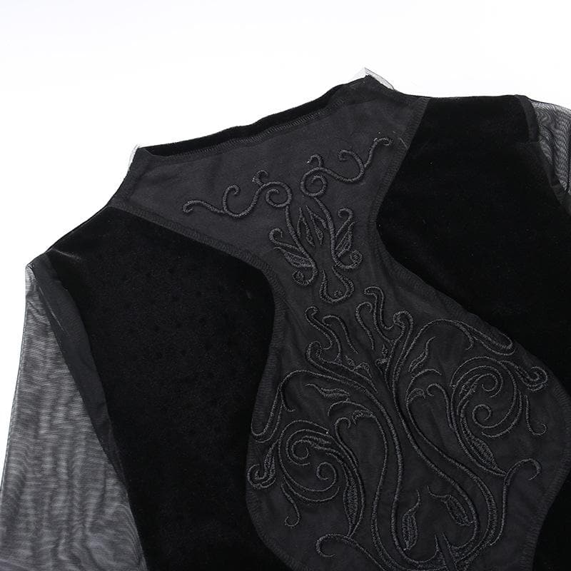 Velvet Flocked Mesh Mock Neck Bell Sleeve Gothic Mini Dress