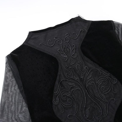 Velvet Flocked Mesh Mock Neck Bell Sleeve Gothic Mini Dress