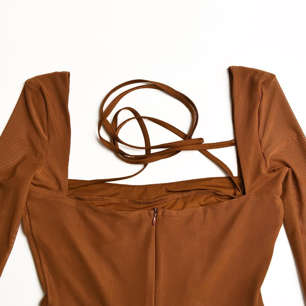 Square Neck Halter Tie Corset Bodice Bell Sleeve Side Ruched Bodycon Mini Dress
