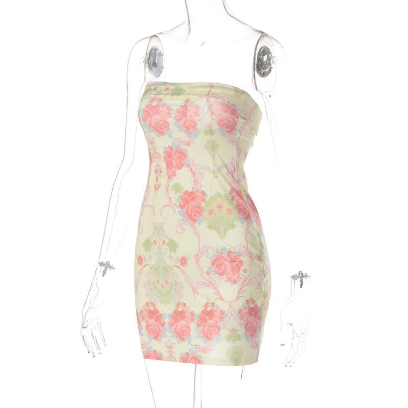 Strapless Tube Neck Floral Damask Print Bodycon Mini Dress