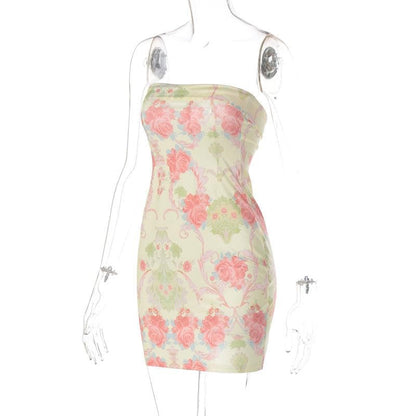 Strapless Tube Neck Floral Damask Print Bodycon Mini Dress