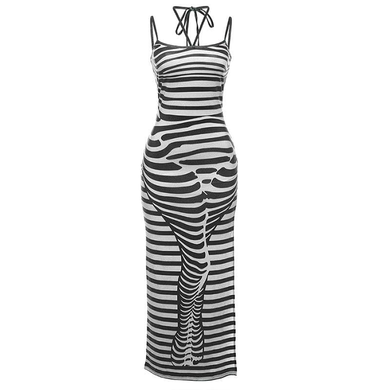 Striped Halter Tie Spaghetti Strap Bodycon Maxi Dress