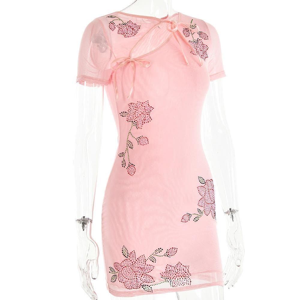 Floral Rhinestone Mesh Ribbon Cutout Short Sleeve Mini Dress