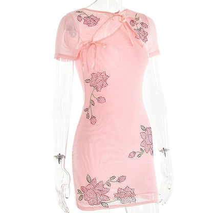 Floral Rhinestone Mesh Ribbon Cutout Short Sleeve Mini Dress