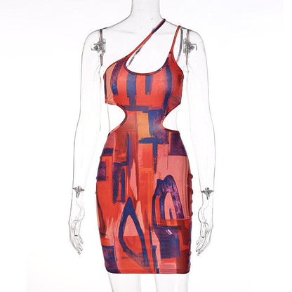 Abstract Painterly Print One Shoulder Waist Cutout Bodycon Mini Dress